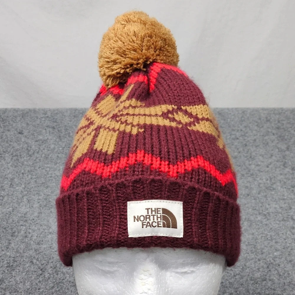 North Face Beanie Hat Burgundy Red Snowflake Knit Pom Pom Winter Skier Gorpcore